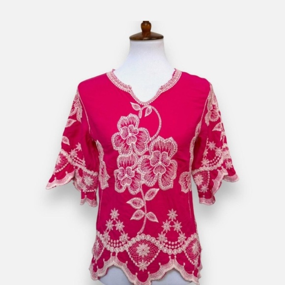 Solitaire Embroidered Pink and White Bell Sleeve Blouse - Picture 1 of 10
